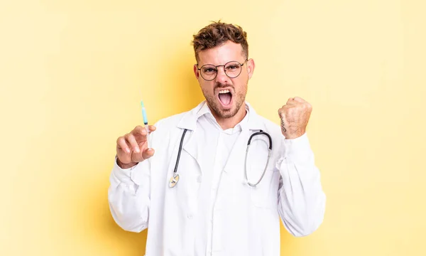 Young Handsome Man Shouting Aggressively Angry Expression Physician Syringe Concept — Stock Photo, Image