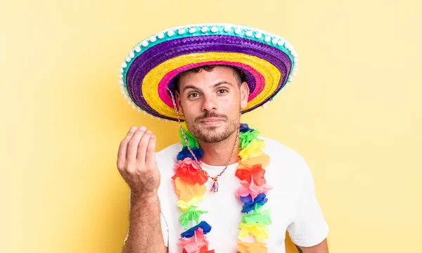 Joven Hombre Guapo Haciendo Capice Gesto Dinero Diciéndole Que Pague —  Fotos de Stock