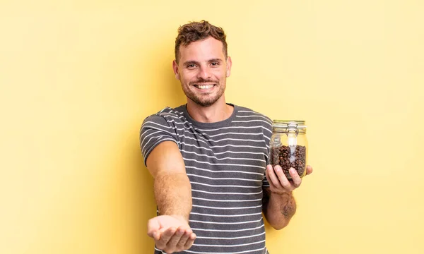 Young Handsome Man Smiling Happily Friendly Offering Showing Concept Coffee — Stock Photo, Image