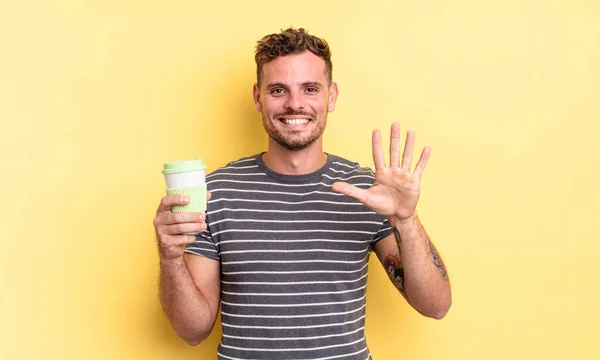 Young Handsome Man Smiling Looking Friendly Showing Number Five Take — Stock Photo, Image