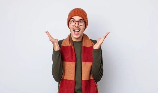 Young Handsome Man Feeling Happy Astonished Something Unbelievable Winter Clothes — Stock Photo, Image