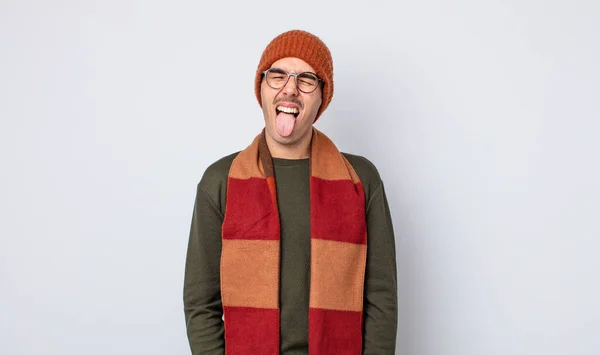 Young Handsome Man Cheerful Rebellious Attitude Joking Sticking Tongue Out — Stock Photo, Image