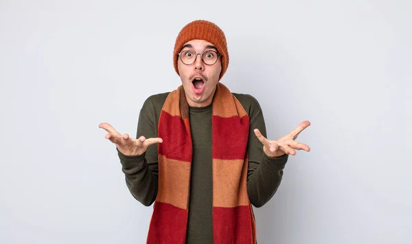 Young Handsome Man Amazed Shocked Astonished Unbelievable Surprise Winter Clothes — Stock Photo, Image