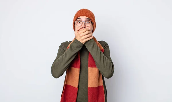 Young Handsome Man Covering Mouth Hands Shocked Winter Clothes Concept — Stock Photo, Image