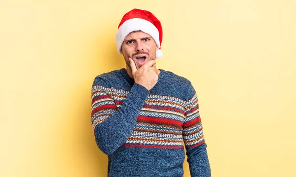 Young Handsome Man Mouth Eyes Wide Open Hand Chin Christmas — Stock Photo, Image