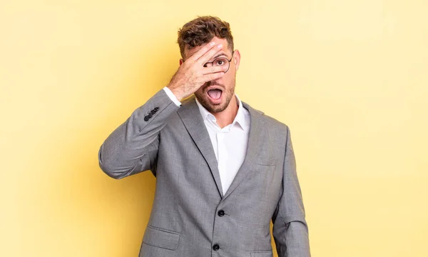 Young Handsome Man Looking Shocked Scared Terrified Covering Face Hand — Stok fotoğraf