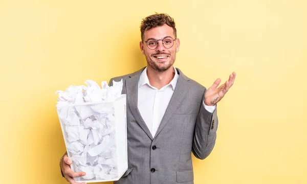 Young Handsome Man Feeling Happy Surprised Realizing Solution Idea Paper — Stock Photo, Image