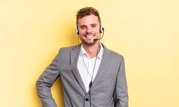 Young Handsome Man Smiling Happily Hand Hip Confident Telemarketer Concetp — Stock Photo, Image