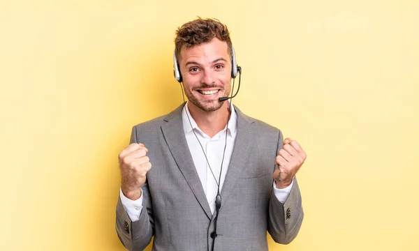 Young Handsome Man Feeling Shocked Laughing Celebrating Success Telemarketer Concetp — Stock Photo, Image