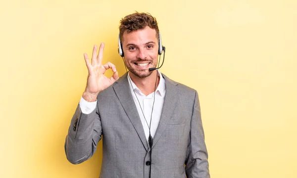 Young Handsome Man Feeling Happy Showing Approval Okay Gesture Telemarketer — Stock Photo, Image