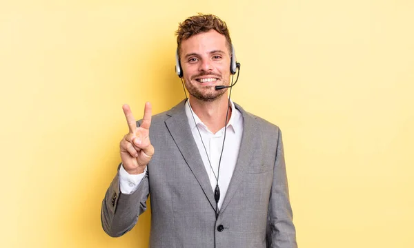 Young Handsome Man Smiling Looking Friendly Showing Number Two Telemarketer — Stock Photo, Image