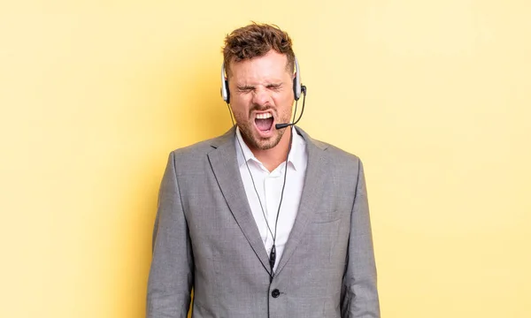 Young Handsome Man Shouting Aggressively Looking Very Angry Telemarketer Concetp — Stock Photo, Image