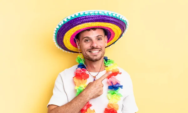 Young Handsome Man Smiling Cheerfully Feeling Happy Pointing Side Mexican — Stock Photo, Image