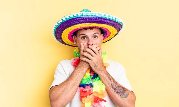 Young Handsome Man Covering Mouth Hands Shocked Mexican Party Concept — Stock Photo, Image