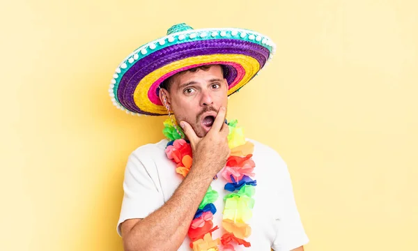 Young Handsome Man Mouth Eyes Wide Open Hand Chin Mexican — Stock Photo, Image