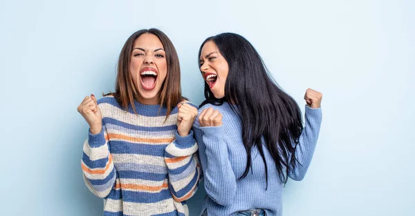 Pretty Hispanic Woman Shouting Aggressively Angry Expression Couple Friends Concept — Stock Photo, Image