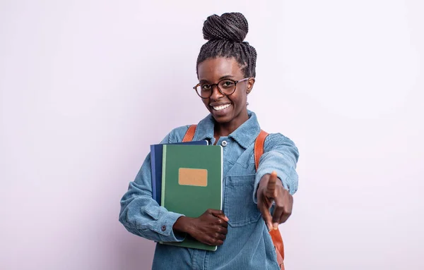 Pretty Black Woman Pointing Camera Choosing You Student Books Concept — Stock Photo, Image
