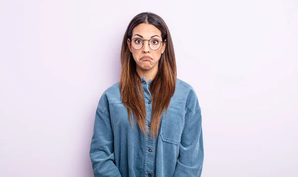 Pretty Hispanic Woman Feeling Sad Stressed Upset Because Bad Surprise — Stock Photo, Image