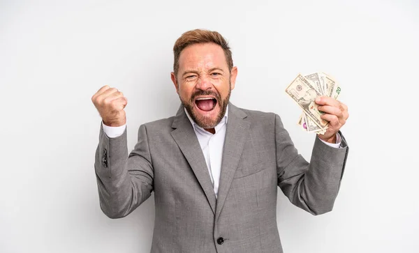 Middle Age Handsome Man Shouting Aggressively Angry Expression Dollar Banknotes — Stock Photo, Image