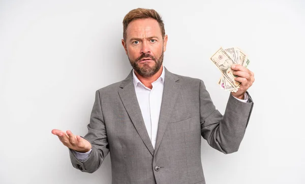 Middle Age Handsome Man Feeling Extremely Shocked Surprised Dollar Banknotes — Stock Photo, Image