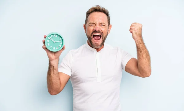 Middle Age Handsome Man Shouting Aggressively Angry Expression Alarm Clock — Stock Photo, Image