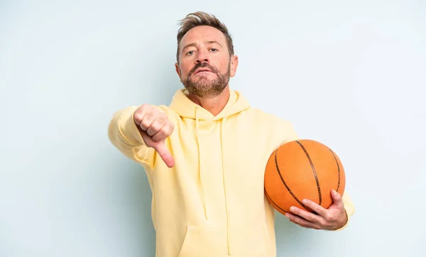 Middle Age Handsome Man Feeling Cross Showing Thumbs Basketball Concept — Stock Photo, Image