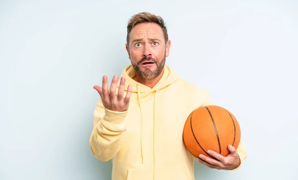 Middle Age Handsome Man Looking Desperate Frustrated Stressed Basketball Concept — Stock Photo, Image