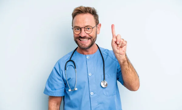 Middle Age Handsome Man Smiling Looking Friendly Showing Number One — Stock Photo, Image