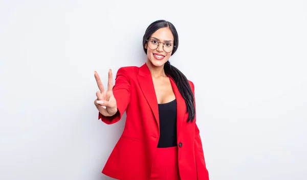 Pretty Hispanic Woman Smiling Looking Friendly Showing Number Two Businesswoman — Stock Photo, Image