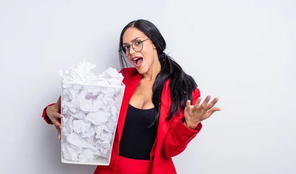 Pretty Hispanic Woman Feeling Extremely Shocked Surprised Paper Balls Trash — Stock Photo, Image