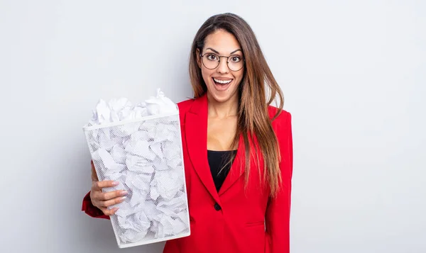 Pretty Hispanic Woman Looking Happy Pleasantly Surprised Paper Balls Failure — Stock Photo, Image