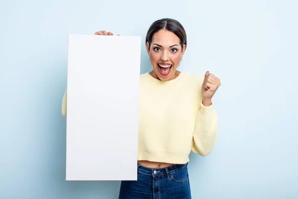 Pretty Hispanic Woman Feeling Shocked Laughing Celebrating Success Blank Space — Stock Photo, Image