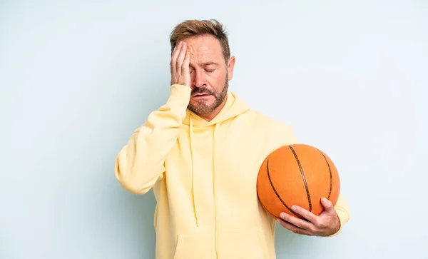 Middle Age Handsome Man Feeling Bored Frustrated Sleepy Tiresome Basketball — Stock Photo, Image