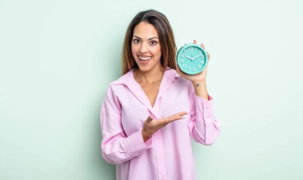 Pretty Hispanic Woman Smiling Cheerfully Feeling Happy Showing Concept Alarm — Stock Photo, Image