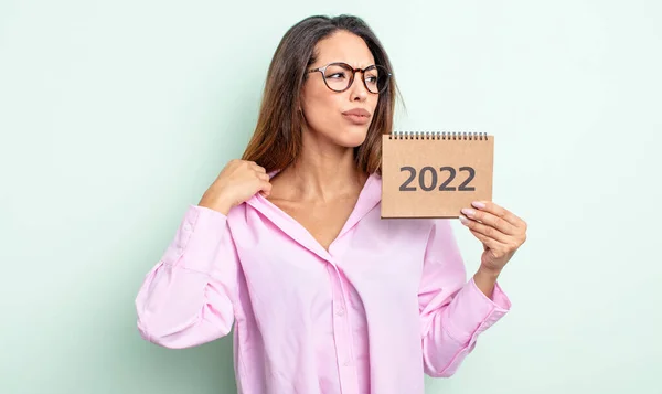 Pretty Hispanic Woman Feeling Stressed Anxious Tired Frustrated 2022 Calendar — Stock Photo, Image