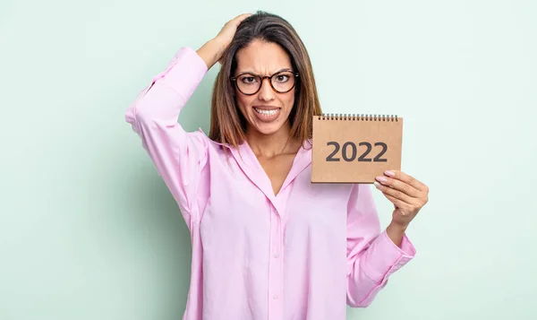 Pretty Hispanic Woman Feeling Stressed Anxious Scared Hands Head 2022 — Stock Photo, Image