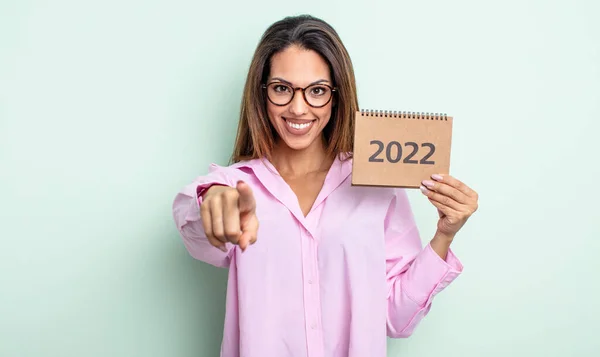 Pretty Hispanic Woman Pointing Camera Choosing You 2022 Calendar Concept — Stock Photo, Image