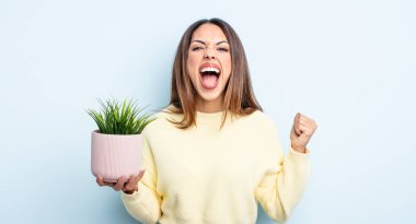 Kızgın bir ifadeyle saldırganca bağıran oldukça İspanyol bir kadın. ev bitkisi kavramı