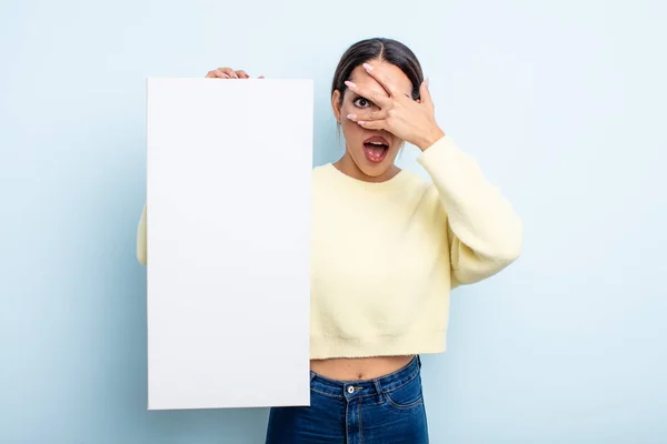 Pretty Hispanic Woman Looking Shocked Scared Terrified Covering Face Hand — Stock Photo, Image