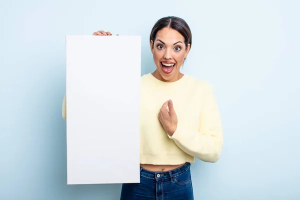 Pretty Hispanic Woman Feeling Happy Pointing Self Excited Blank Space — Stock Photo, Image