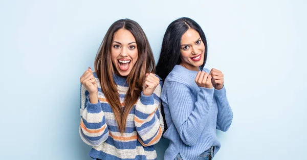 Pretty Hispanic Woman Feeling Shocked Laughing Celebrating Success Couple Friends — Stock Photo, Image
