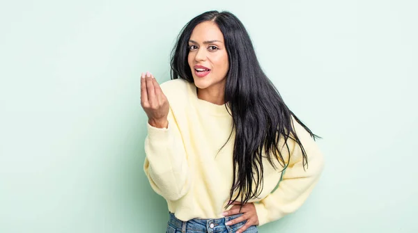 Pretty Hispanic Woman Making Capice Money Gesture Telling You Pay — Stock Photo, Image