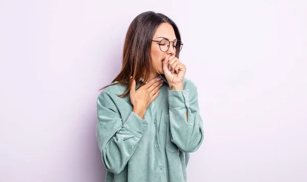 Pretty Hispanic Woman Feeling Ill Sore Throat Flu Symptoms Coughing — Stock Photo, Image