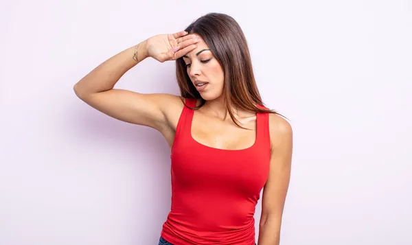Pretty Hispanic Woman Looking Stressed Tired Frustrated Drying Sweat Forehead — Stock Photo, Image