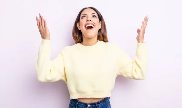 Pretty Hispanic Woman Feeling Happy Amazed Lucky Surprised Celebrating Victory — Stock Photo, Image