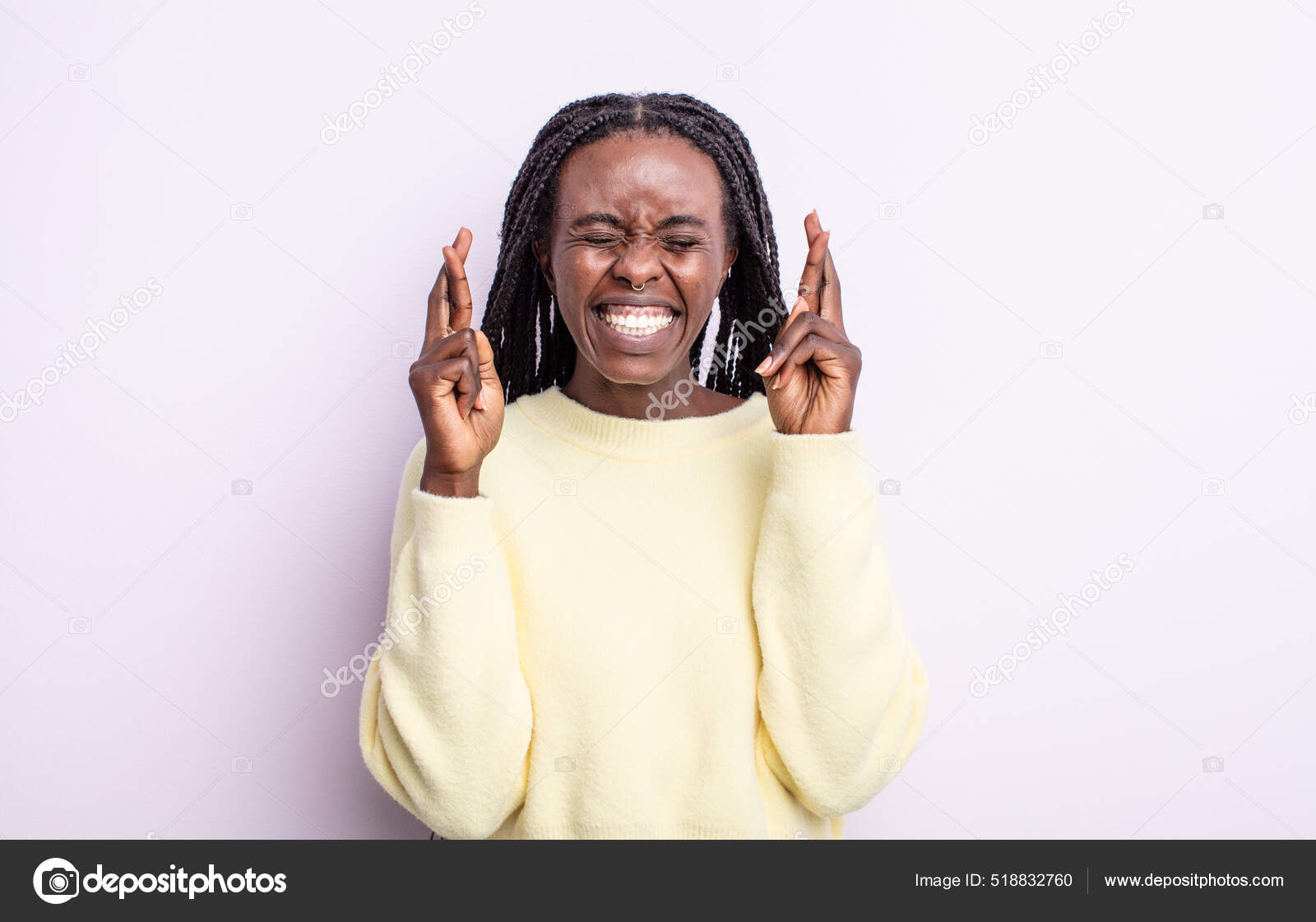 Black Pretty Woman Smiling Anxiously Cross Both Fingers Feeling.