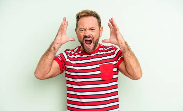 Middle Age Handsome Man Screaming Hands Air Feeling Furious Frustrated — Stock Photo, Image