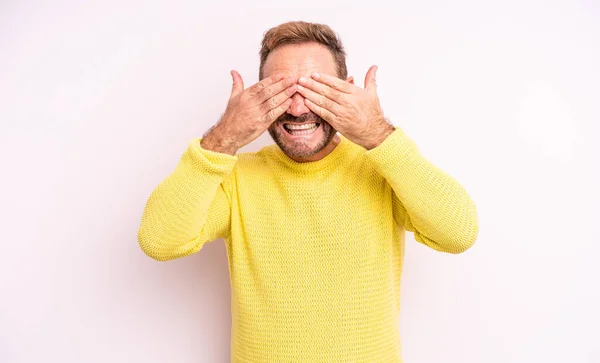 Middle Age Handsome Man Smiling Feeling Happy Covering Eyes Both — Stock Photo, Image