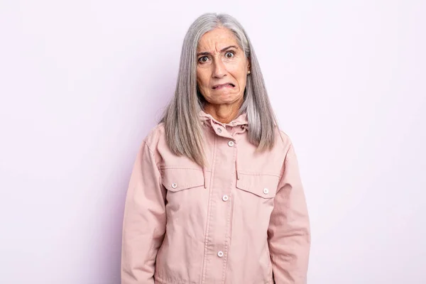 Middle Age Gray Hair Woman Looking Puzzled Confused Biting Lip — Stock Photo, Image