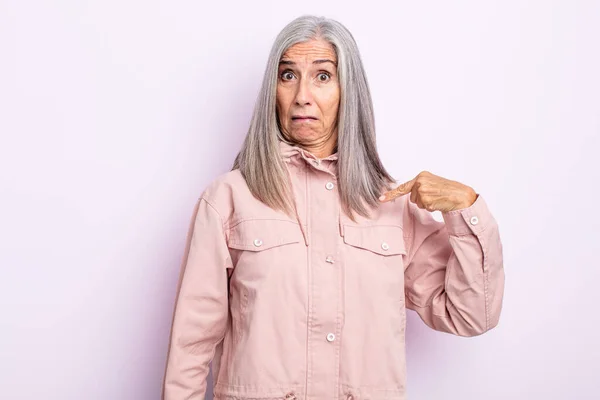 Middle Age Gray Hair Woman Feeling Confused Puzzled Insecure Pointing — Stock Photo, Image
